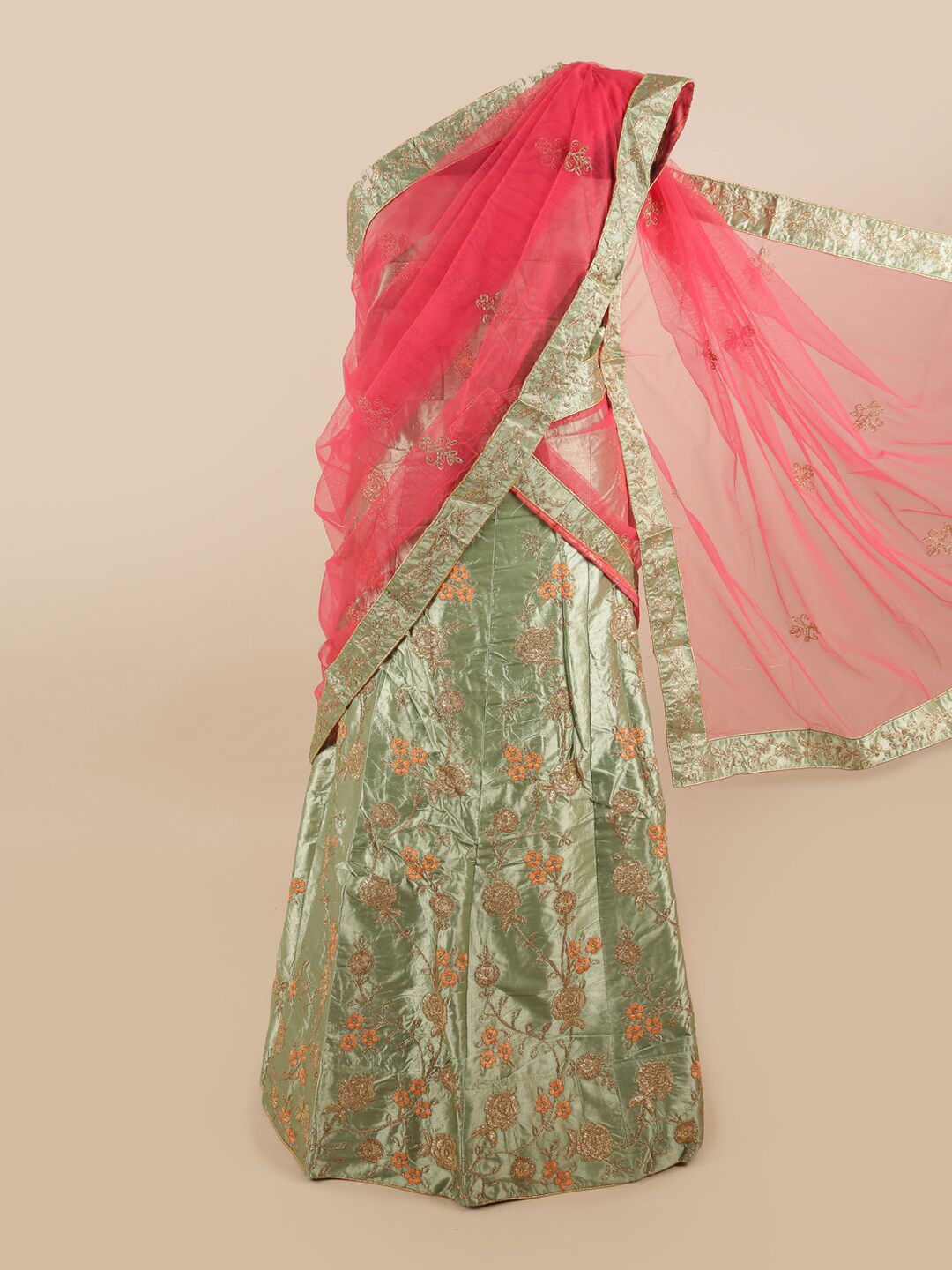 Pothys Green & Pink Embroidered Unstitched Lehenga & Blouse With Dupatta Price in India