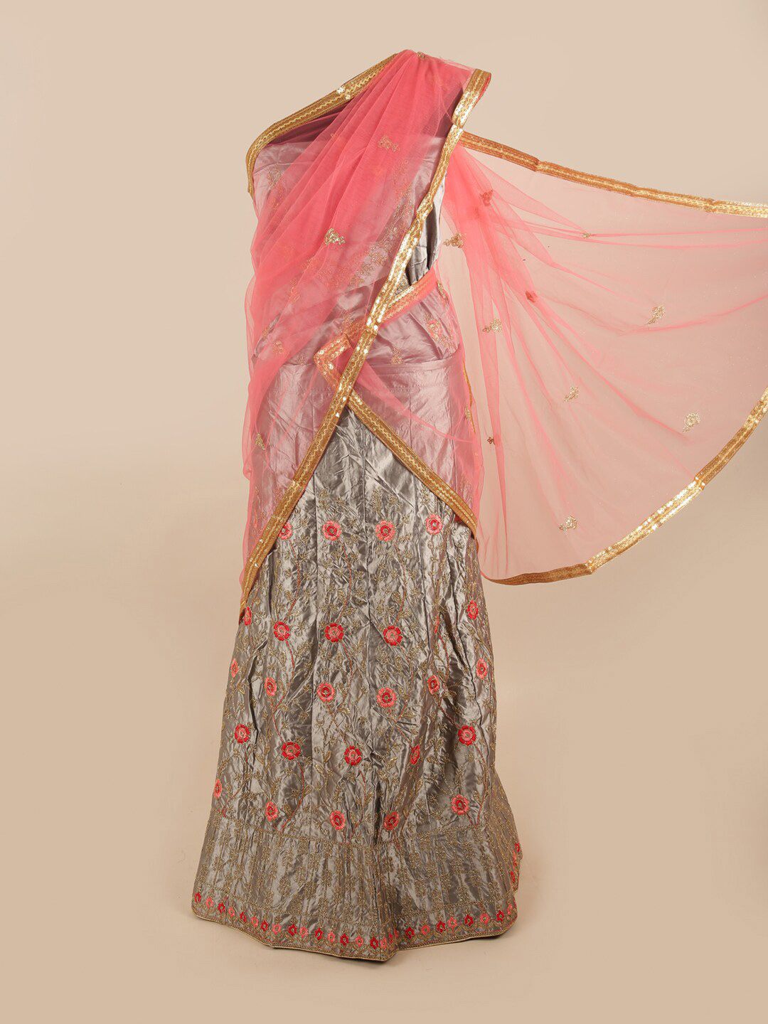 Pothys Pink & Grey Embroidered Zardozi Unstitched Lehenga & Blouse With Dupatta Price in India