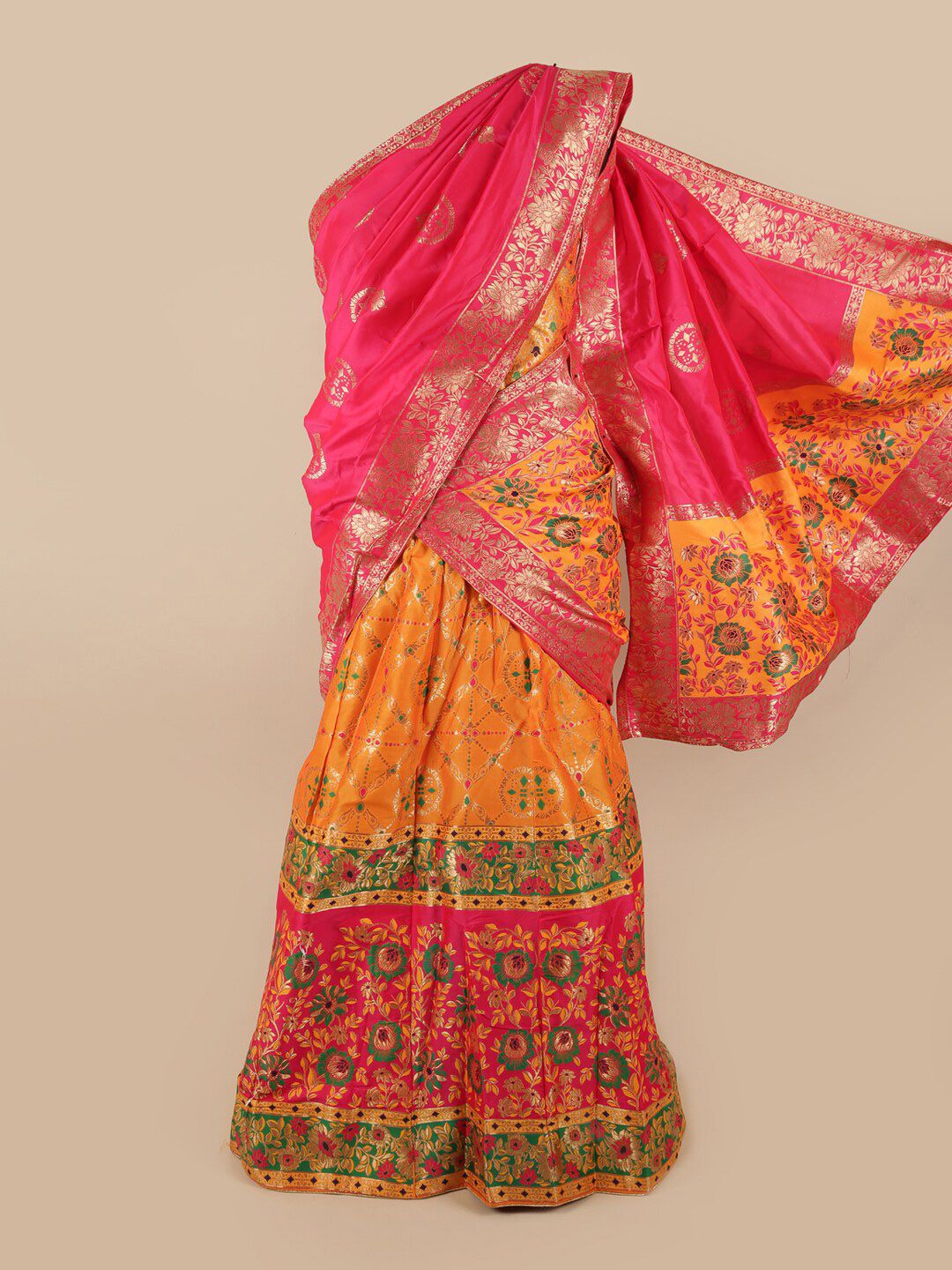 Pothys Pink & Orange Unstitched Lehenga & Blouse With Dupatta Price in India