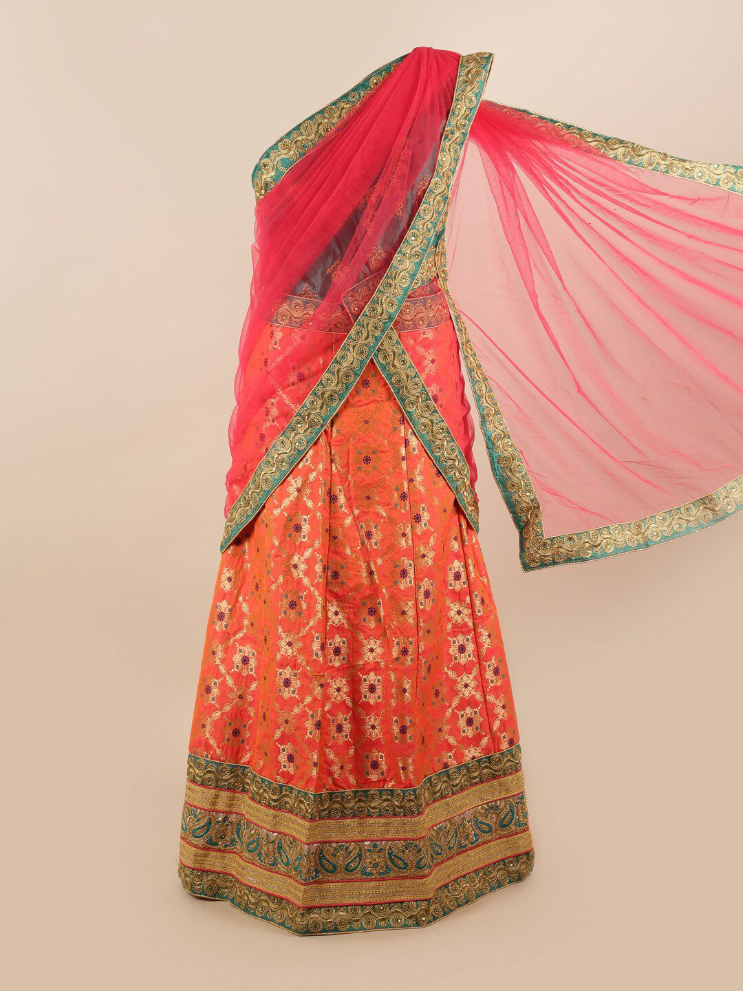 Pothys Green & Orange Embellished Unstitched Lehenga & Blouse With Dupatta Price in India