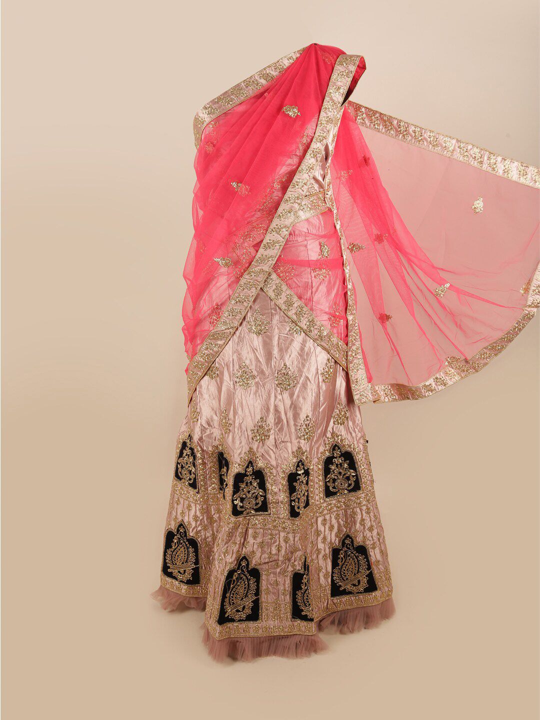 Pothys Pink & Gold-Toned Embroidered Unstitched Lehenga & Blouse With Dupatta Price in India