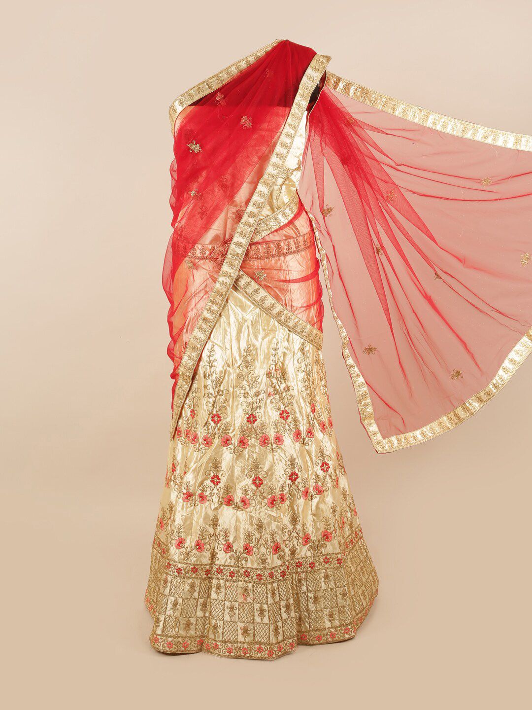 Pothys Red & Gold-Toned Embroidered Unstitched Lehenga & Blouse With Dupatta Price in India