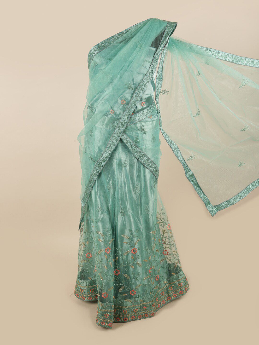 Pothys Woman Green & Peach-Coloured Embroidered Unstitched Lehenga Price in India