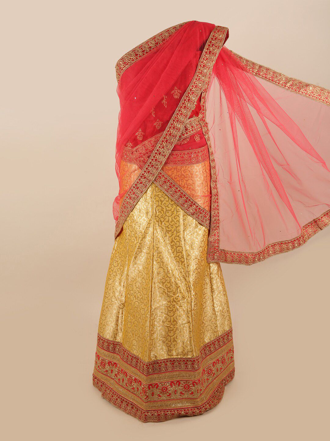 Pothys Pink & Cream-Coloured Embellished Unstitched Lehenga & Blouse With Dupatta Price in India