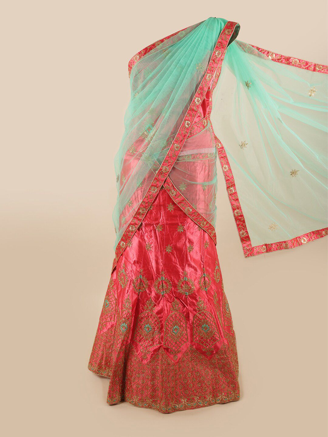 Pothys Green & Peach-Coloured Embroidered Unstitched Lehenga & Blouse With Dupatta Price in India