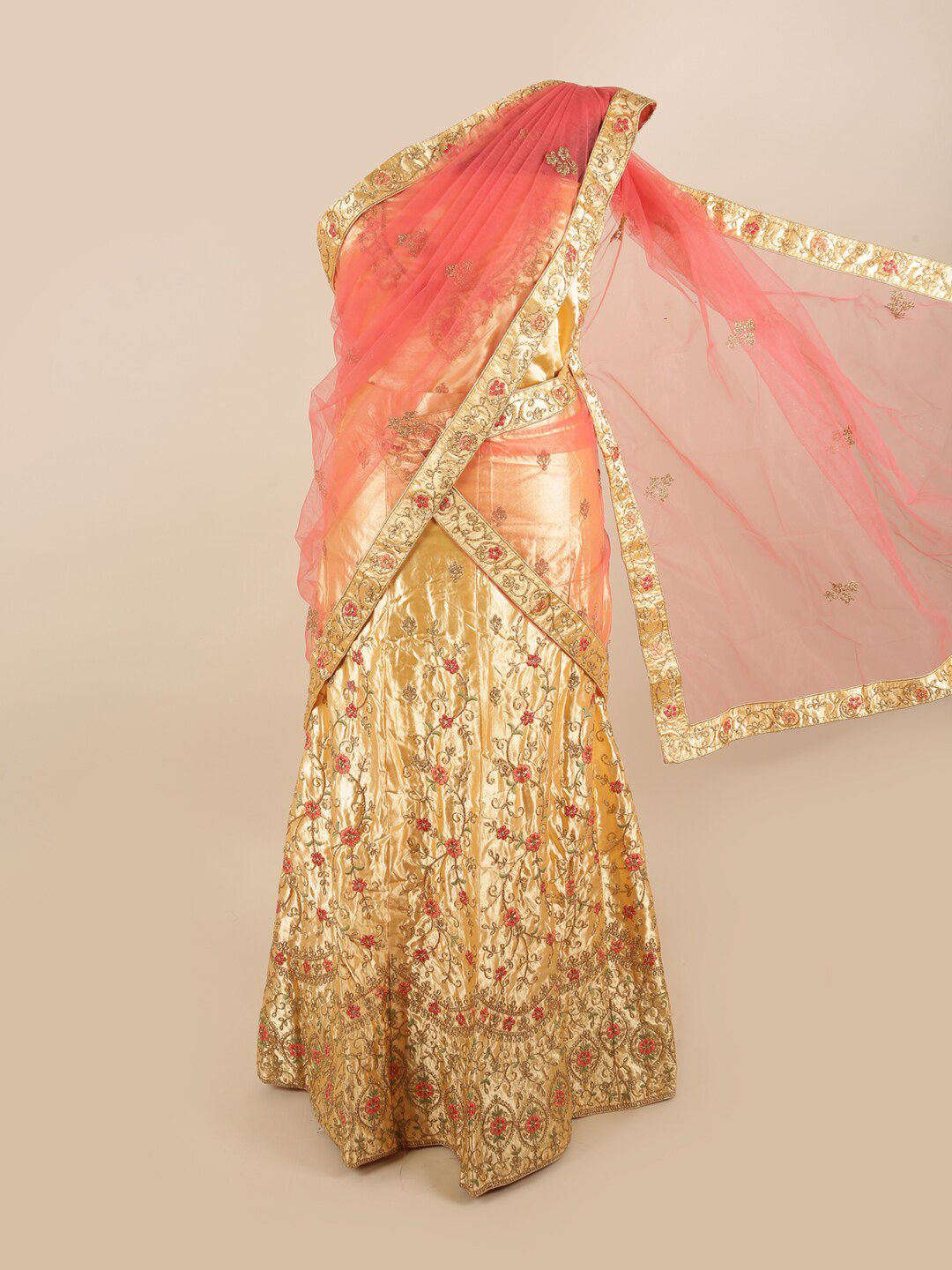 Pothys Pink & Gold-Toned Embroidered Unstitched Lehenga & Blouse With Dupatta Price in India