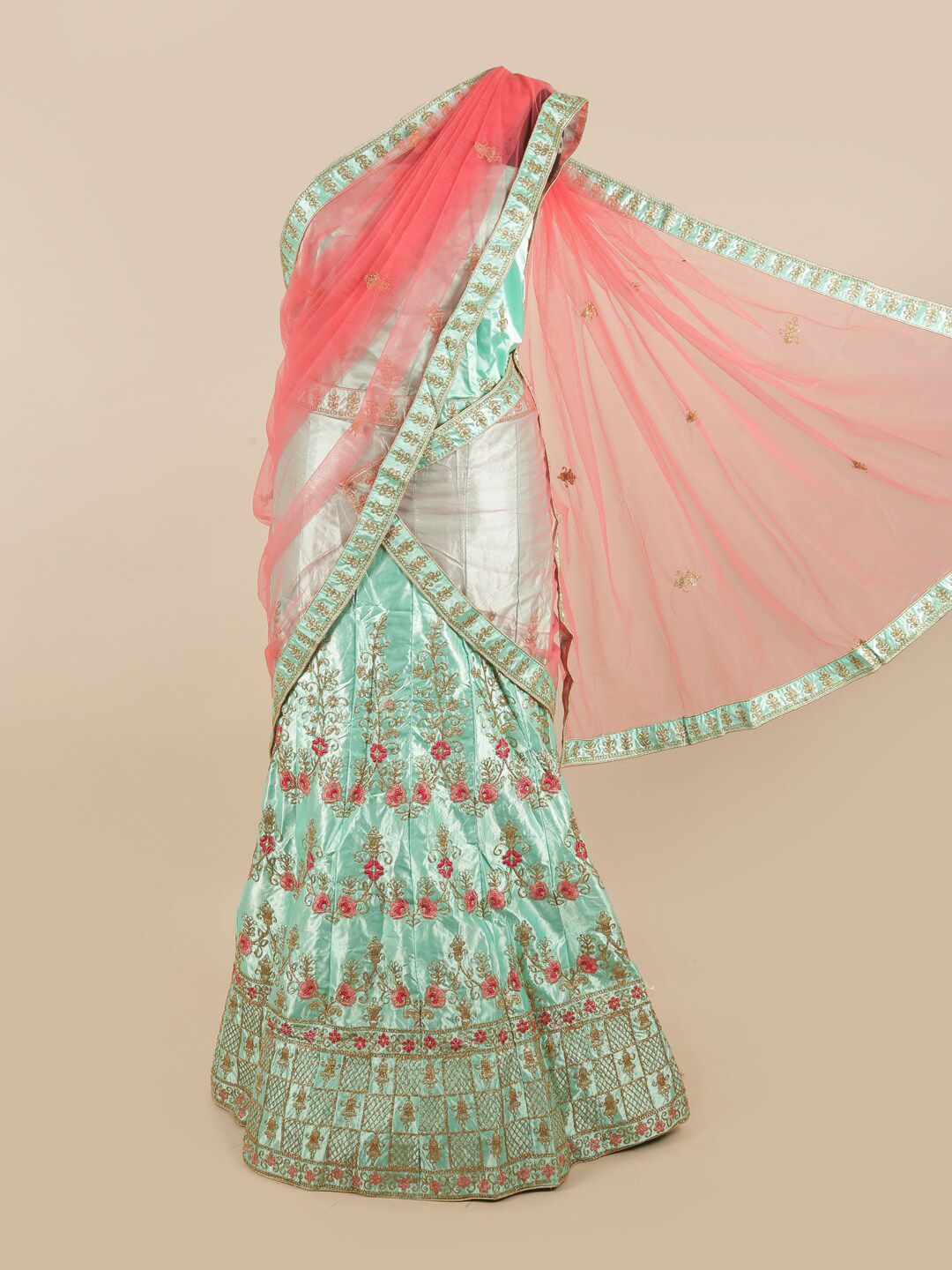 Pothys Green & Pink Embroidered Unstitched Lehenga & Blouse With Dupatta Price in India