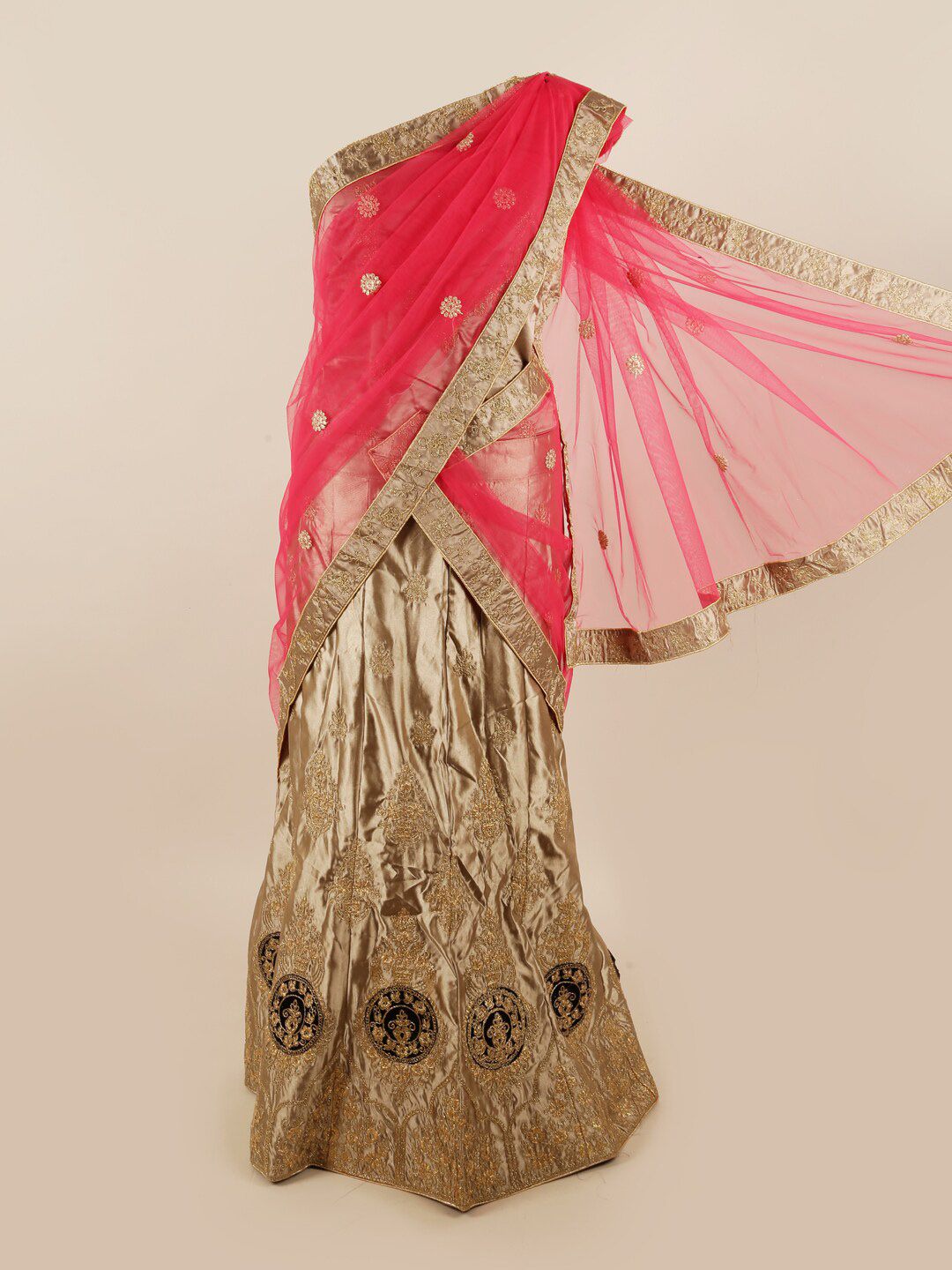 Pothys Pink & Beige Embroidered Zardozi Unstitched Lehenga & Blouse With Dupatta Price in India