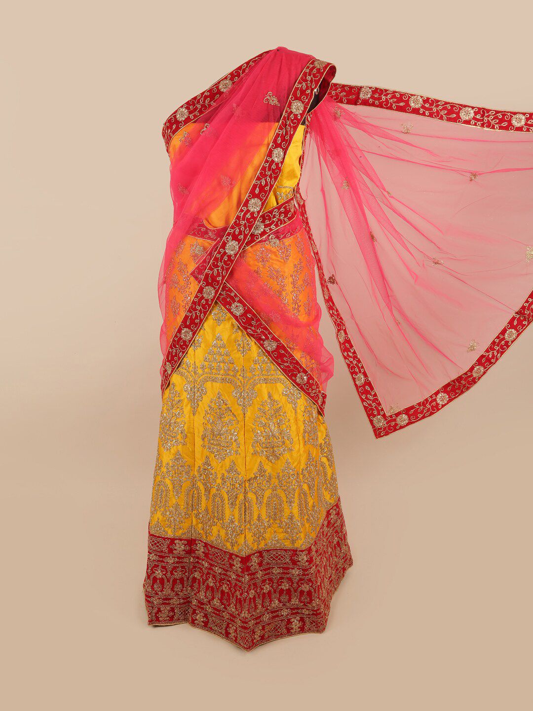 Pothys Pink & Yellow Embroidered Unstitched Lehenga & Blouse With Dupatta Price in India