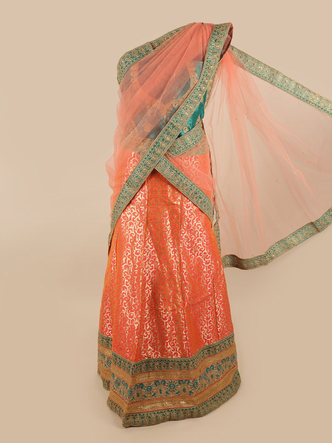 Pothys Peach-Coloured & Green Embellished Unstitched Lehenga & Blouse With Dupatta Price in India