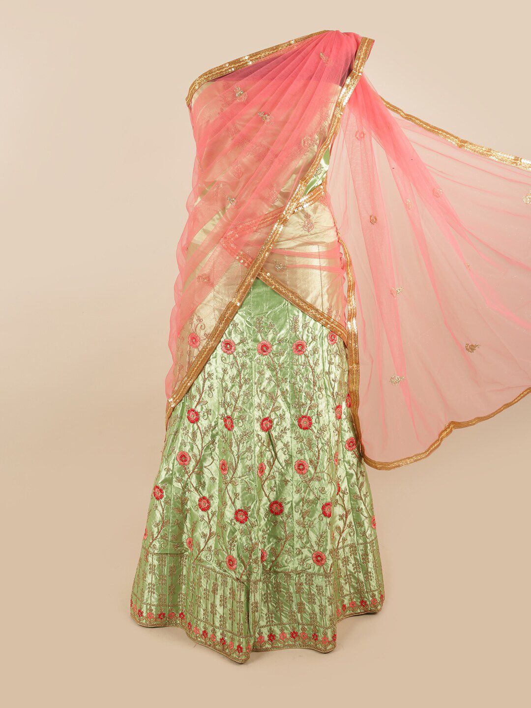 Pothys Women Pink & Green Embroidered Unstitched Lehenga Choli With Dupatta Price in India