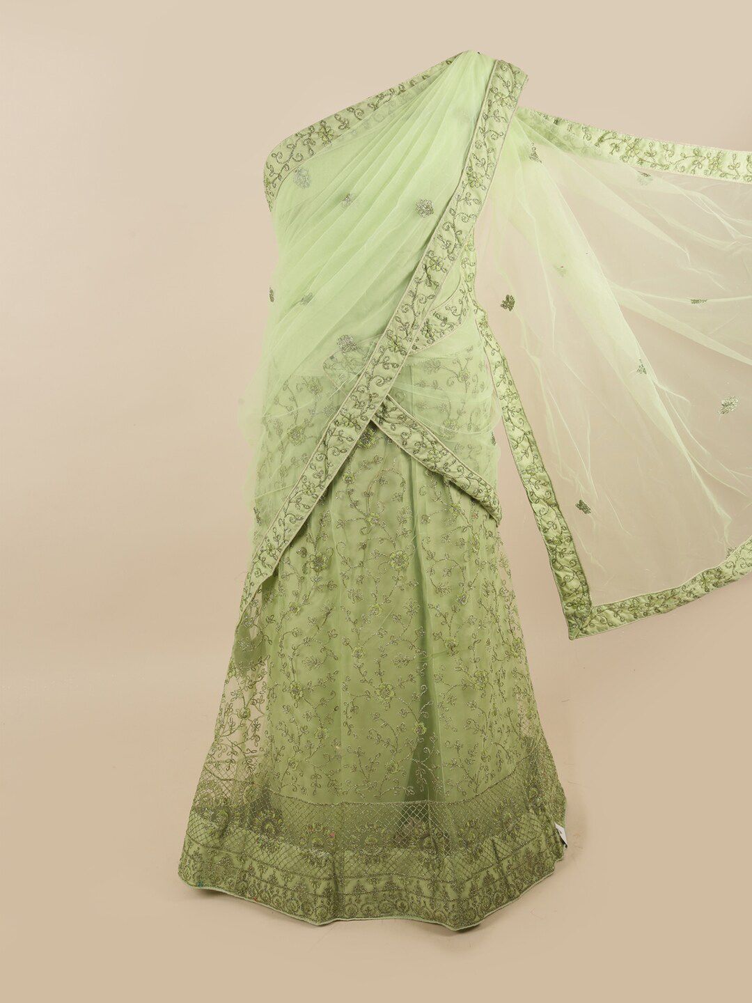 Pothys Woman Green & Silver-Toned Embroidered Zardozi Unstitched Lehenga Price in India