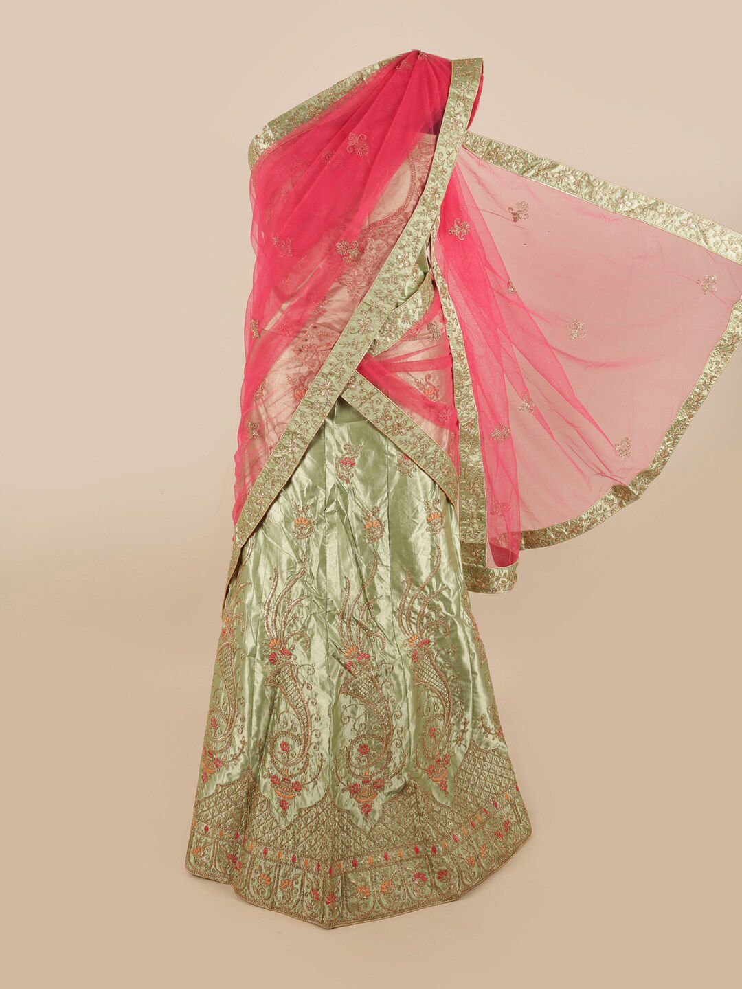 Pothys Pink & Green Embellished Unstitched Lehenga & Blouse With Dupatta Price in India