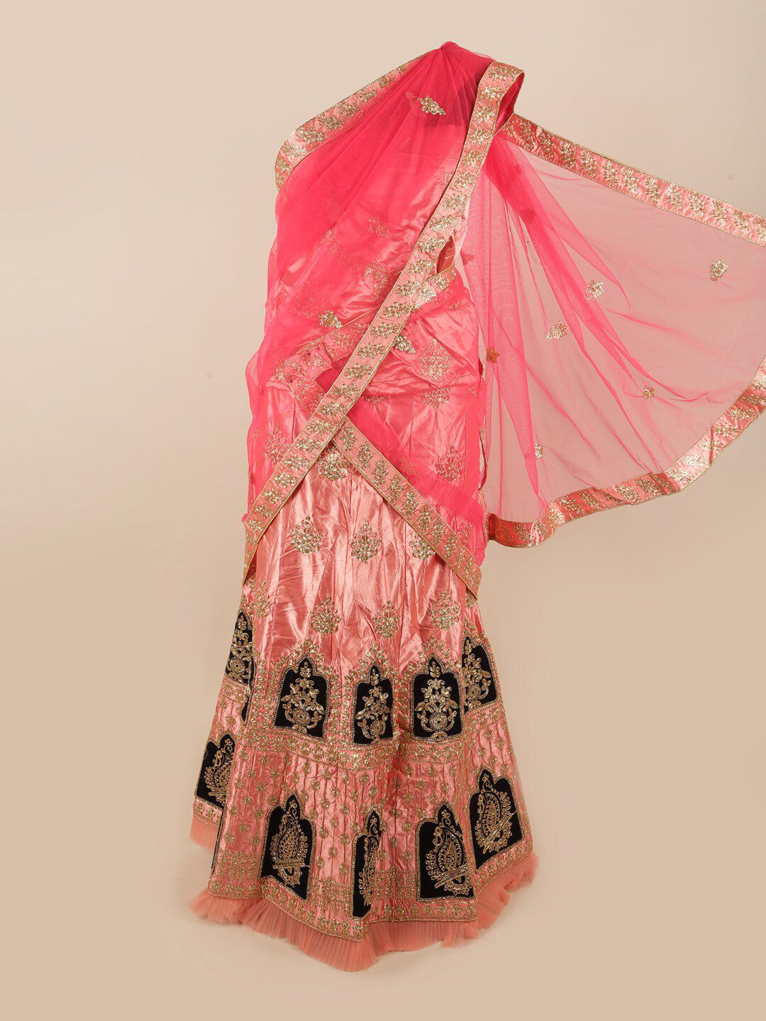 Pothys Pink & Black Embellished Beads and Stones Unstitched Lehenga & Blouse With Dupatta Price in India