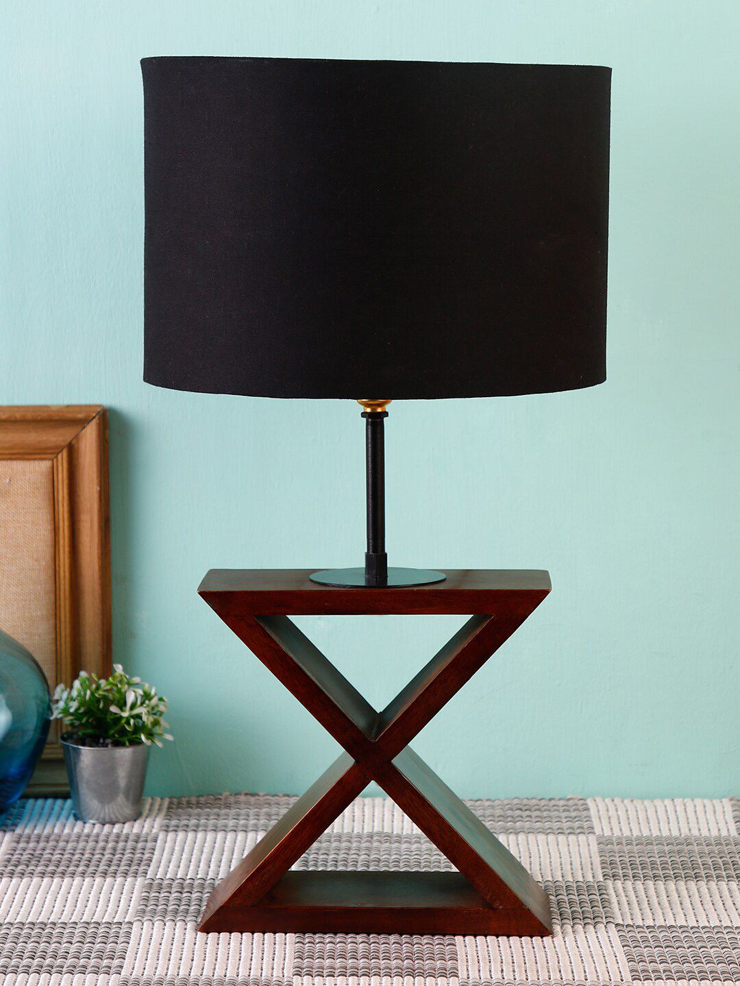 Devansh Black Cross Wooden Table Lamp with Shade Price in India