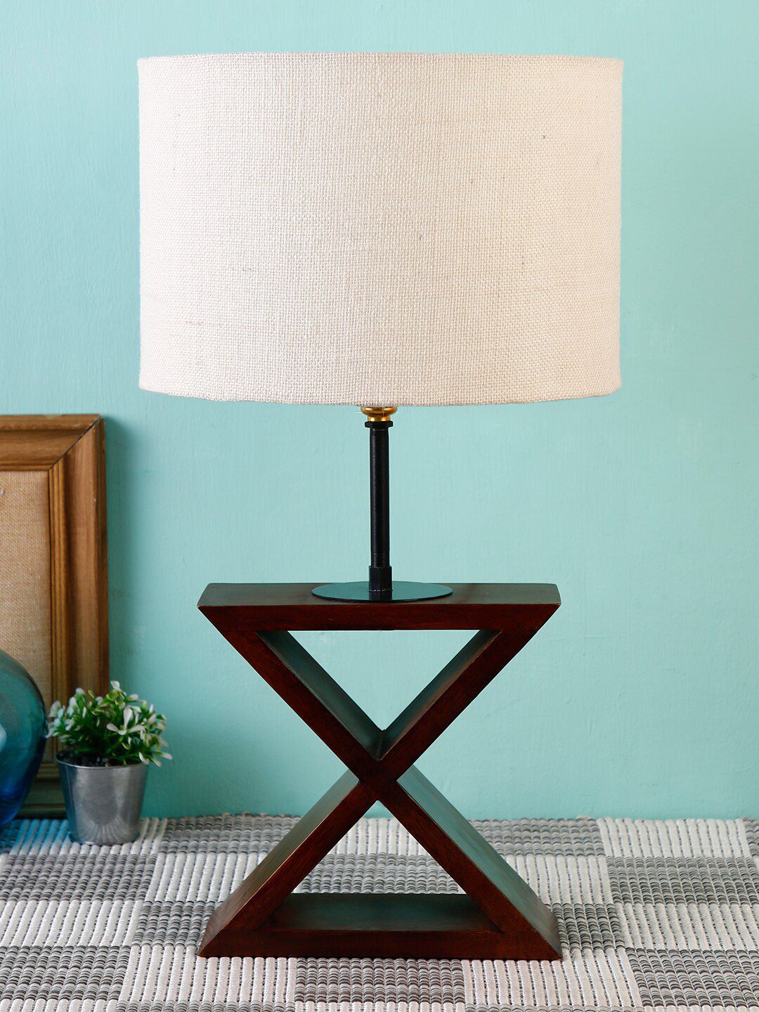 Devansh White Cross Wooden Table Lamp with Jute Shade Price in India