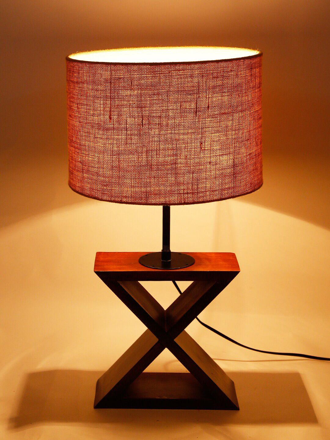 Devansh Beige Jute Shade Cross Wood Table lamp Price in India