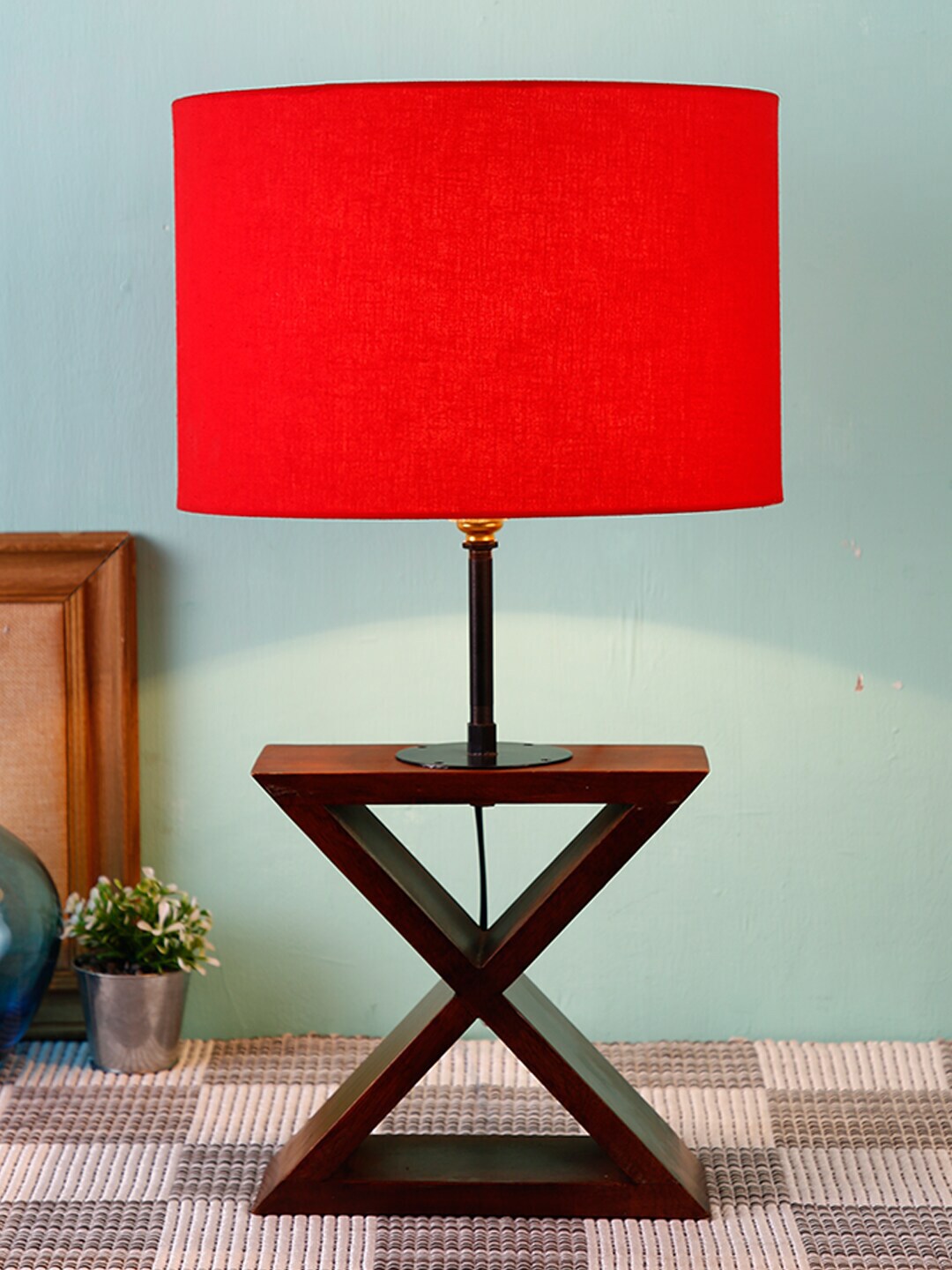 Devansh Red Cross Wood Table Lamp with Shade Price in India