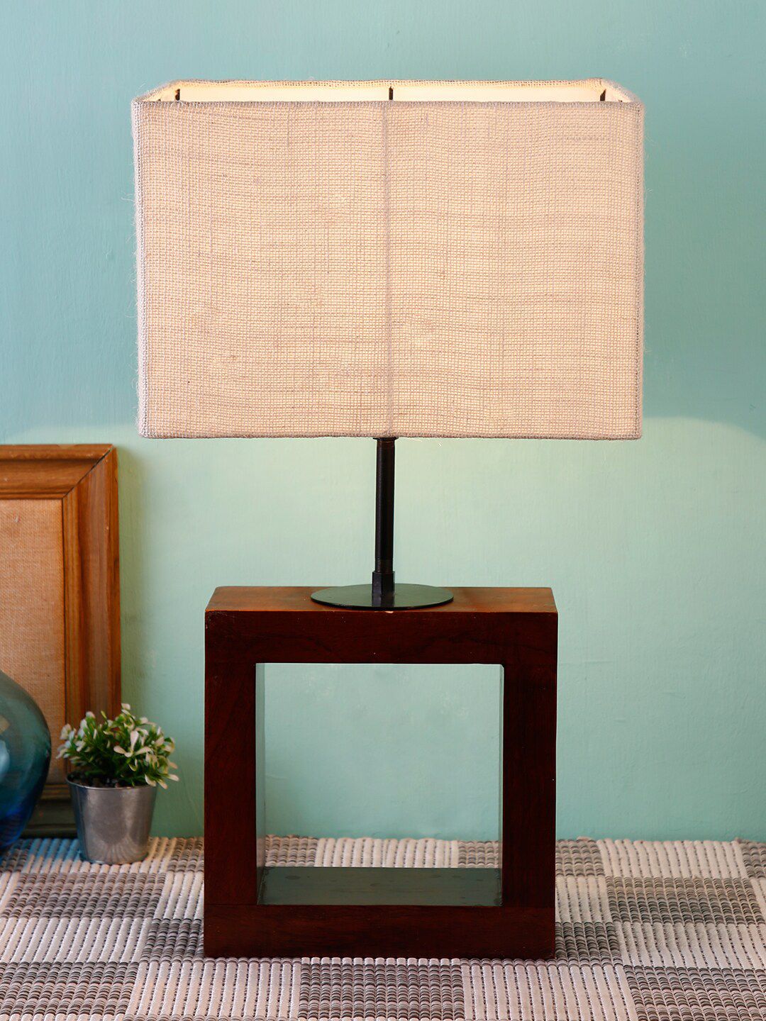 Devansh White & Brown Square Shaped Jute & Wooden Table Lamp Price in India