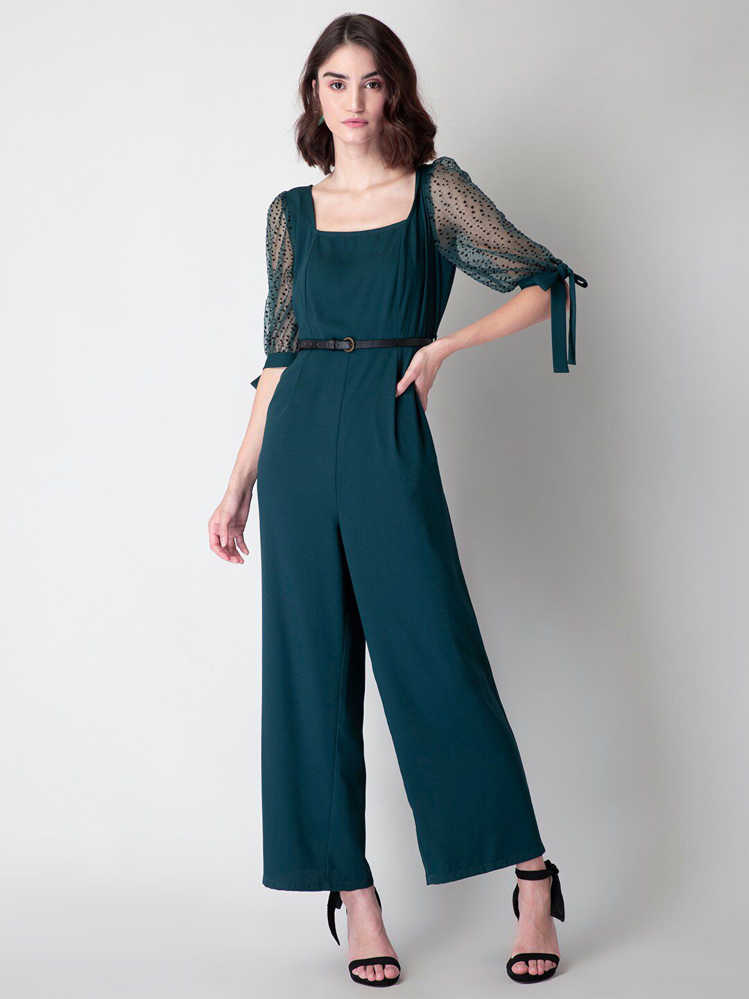 FabAlley Teal Basic Jumpsuit with Belt Price in India