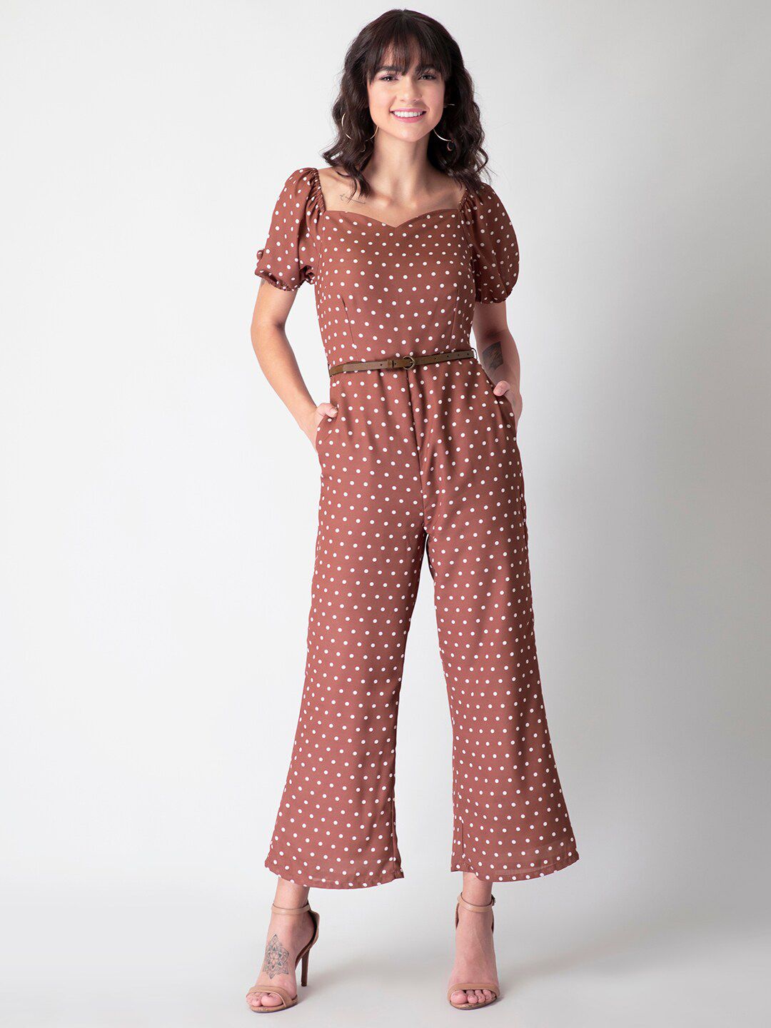 FabAlley Brown & White Polka Dots Printed Basic Jumpsuit With Belt Price in India