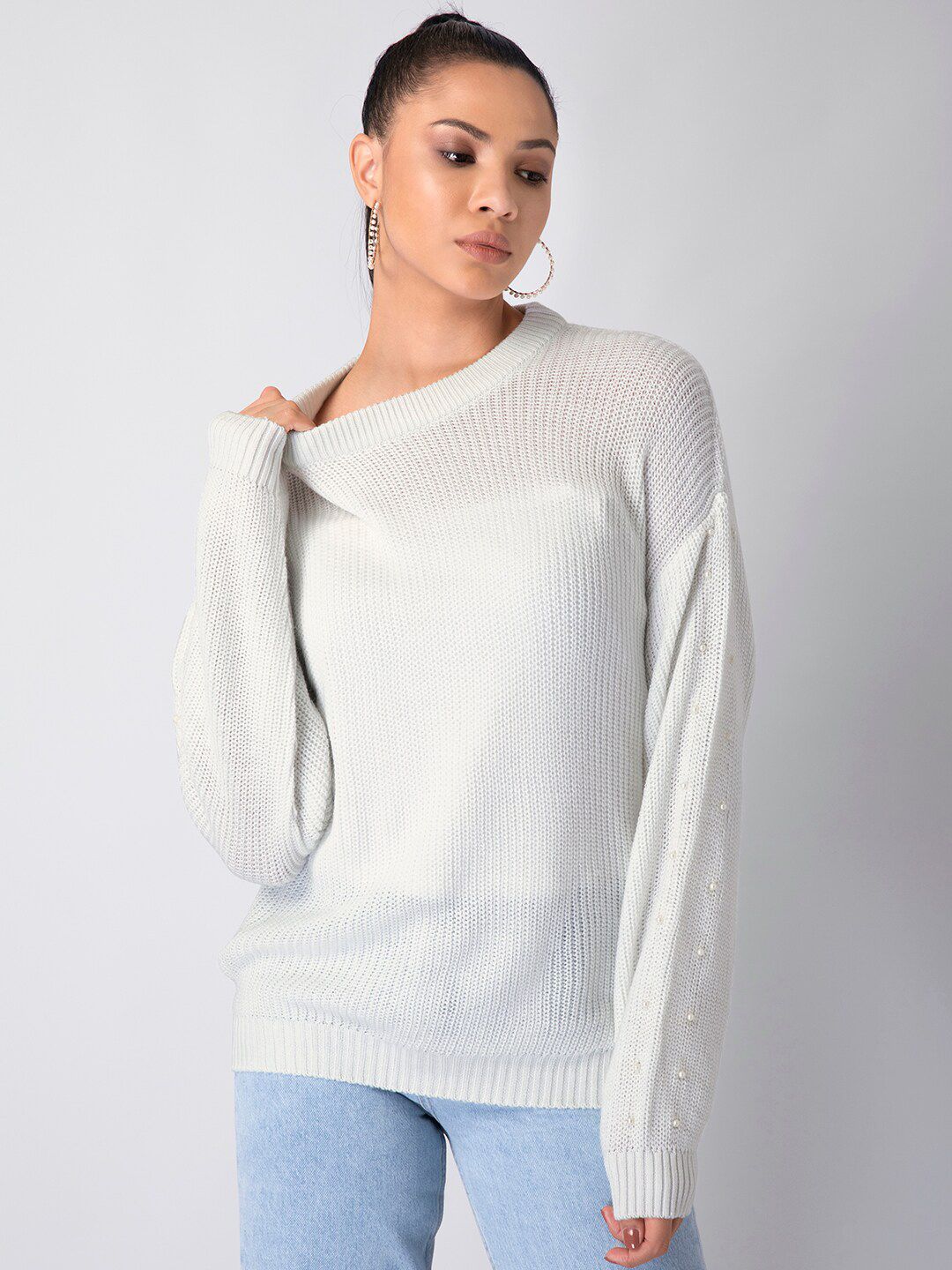 FabAlley Women White Embellished Drop Shoulder Pullover Price in India