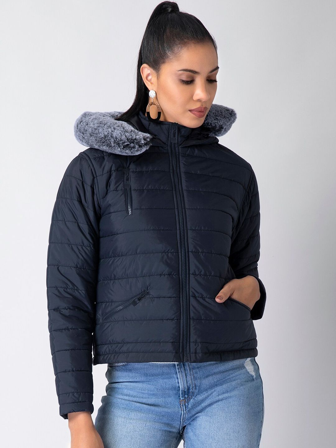 FabAlley Women Navy Blue Crop Puffer Jacket With Detachable Faux Fur Hoody Price in India