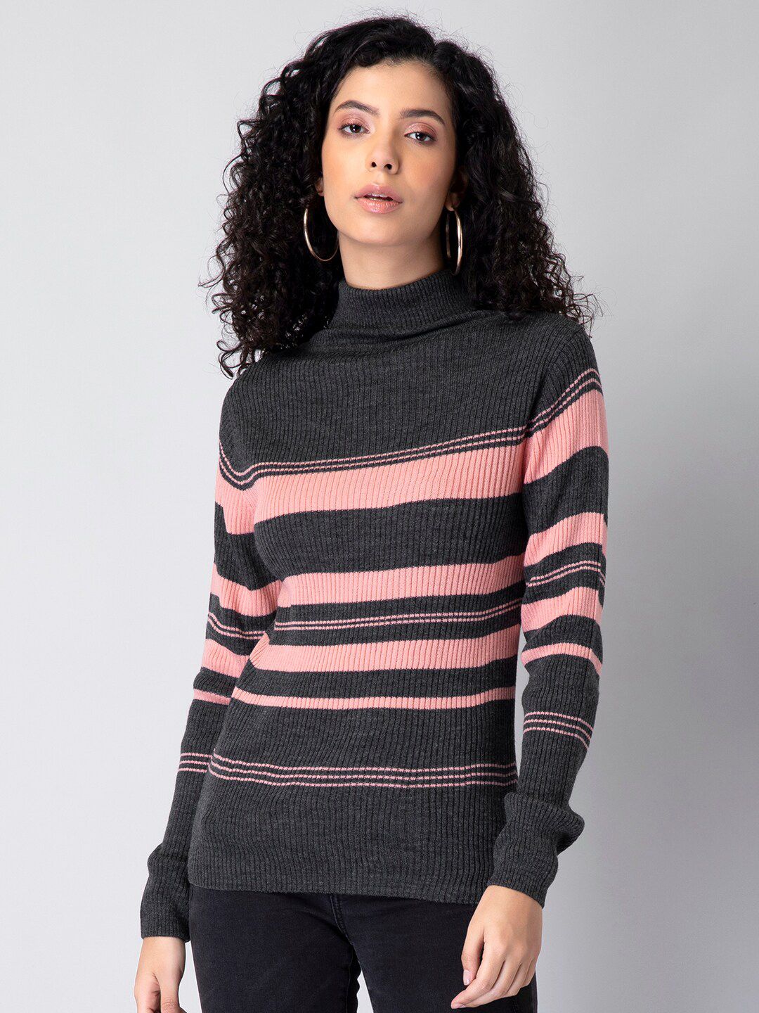 FabAlley Women Grey & Pink Striped Pullover Price in India