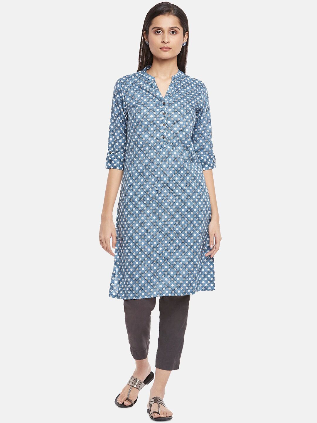 RANGMANCH BY PANTALOONS Women Blue & White Geometric Printed Pure Cotton Kurta Price in India