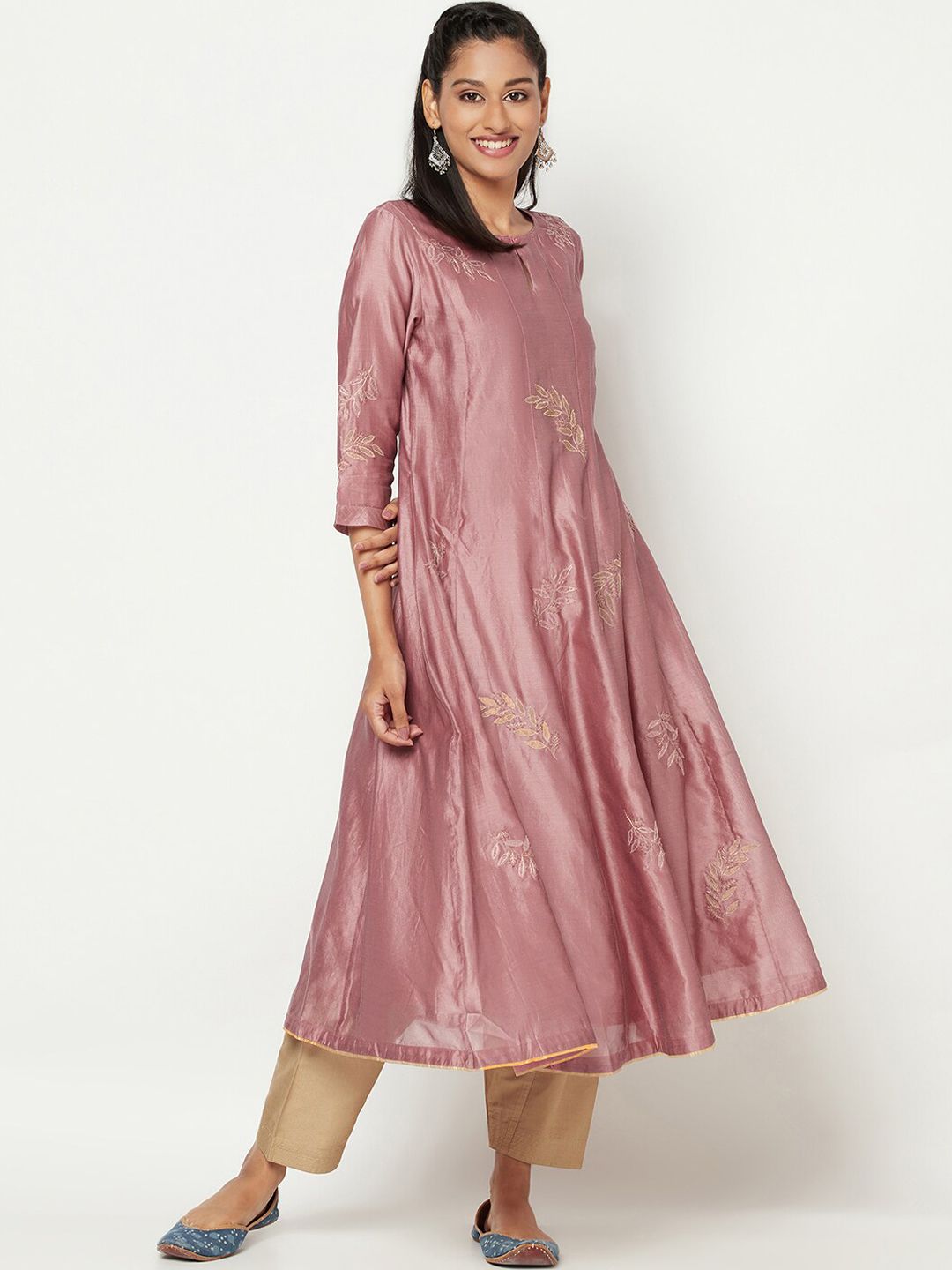 Fabindia Women Pink Floral Embroidered Anarkali Kurta Price in India