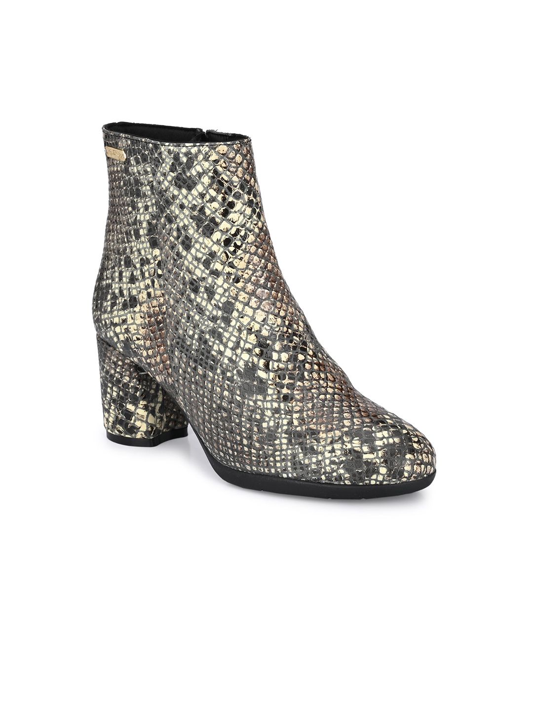 Delize Grey & Off White Textured Leather Block Heeled Boots Price in India