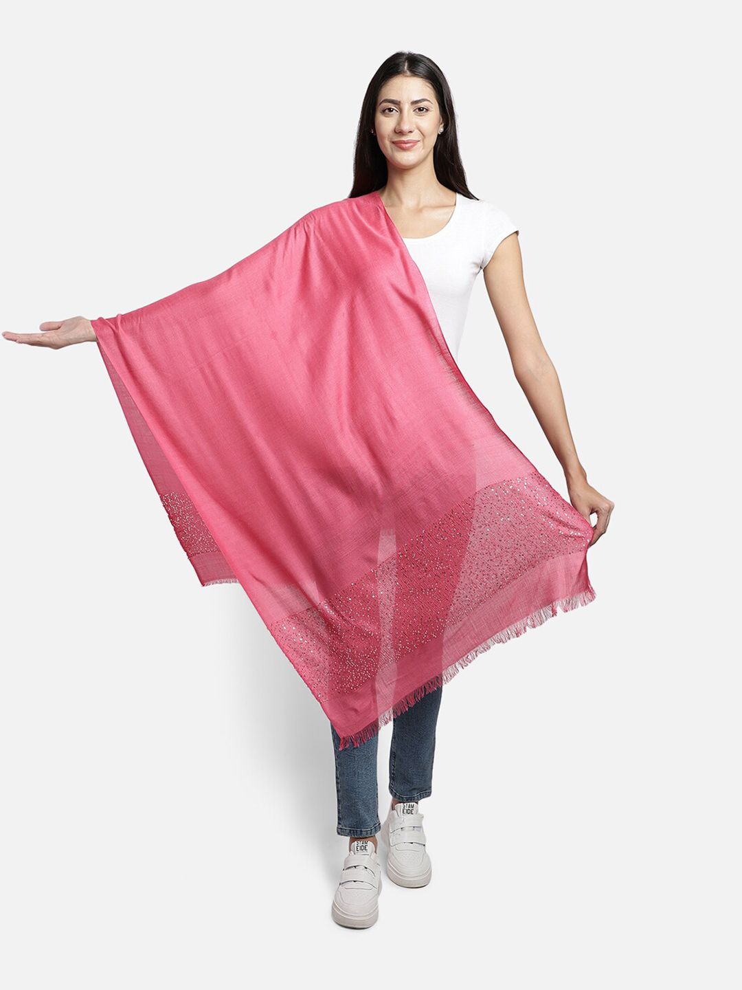 Anekaant Pink & Silver-Toned Embellished Scarf Price in India