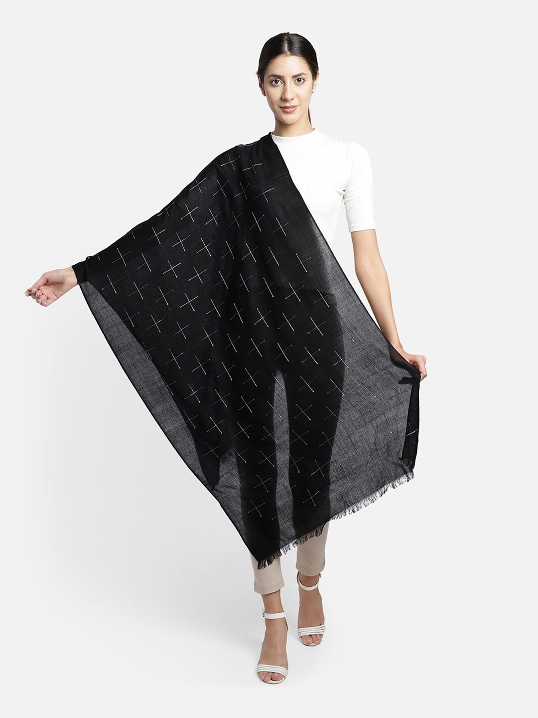 Anekaant Women Black & Silver-Toned Checked Scarf Price in India