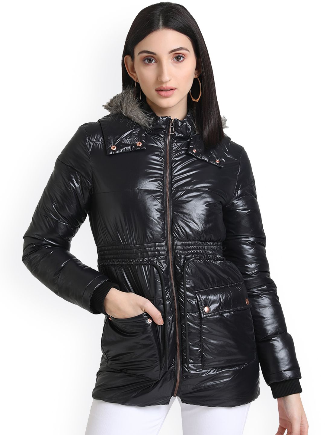 Kazo Women Black Lightweight Longline Hooded Quilted Jacket with Faux Fur Trim Price in India
