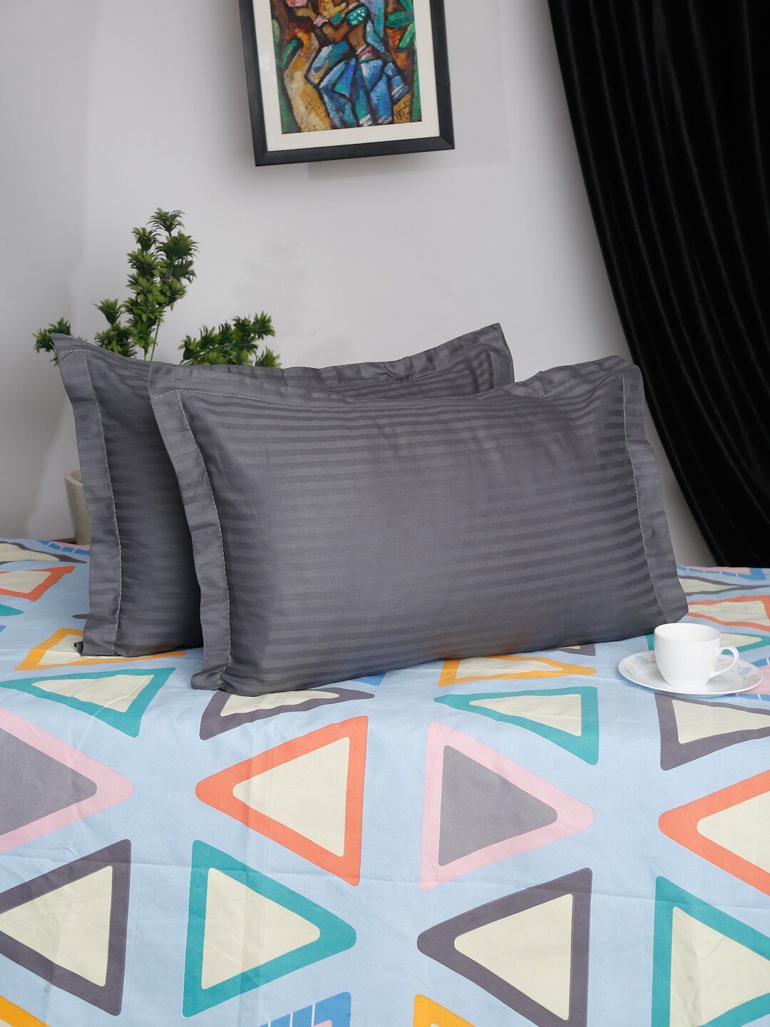 HOSTA HOMES HOSTA HOMES Set of 2 Grey Self Design 280 TC Satin Cotton Pillow Cover