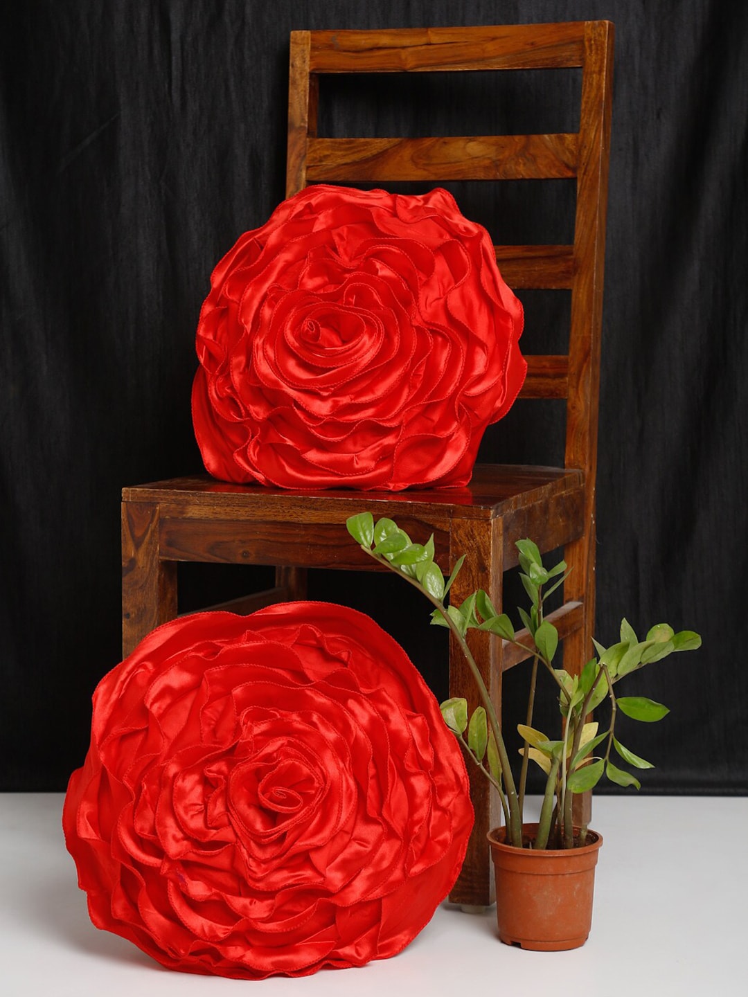 HOSTA HOMES Set of 2 Red Rose Flower Satin Round Cushion Covers With Fillers Price in India
