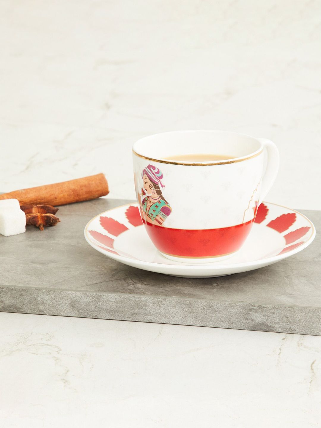 Home Centre White & Red Printed Bone China Glossy Cup and Saucer Price in India