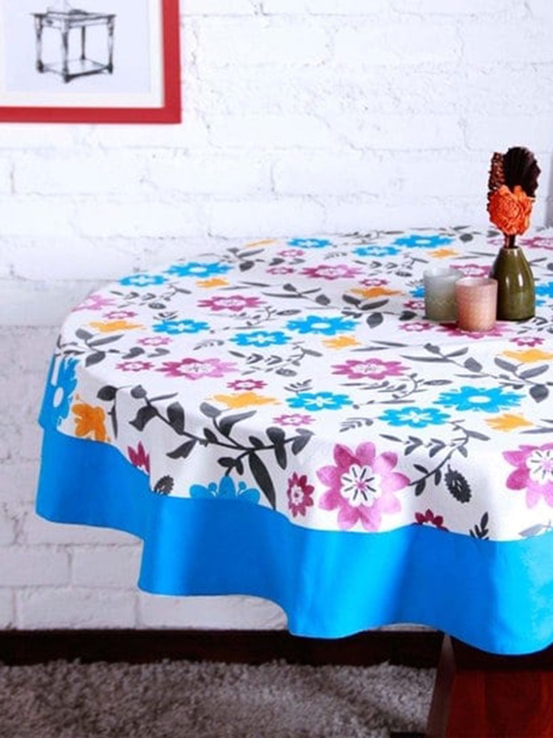 Lushomes White & Blue Printed Cotton 6-Seater Table Cover Price in India