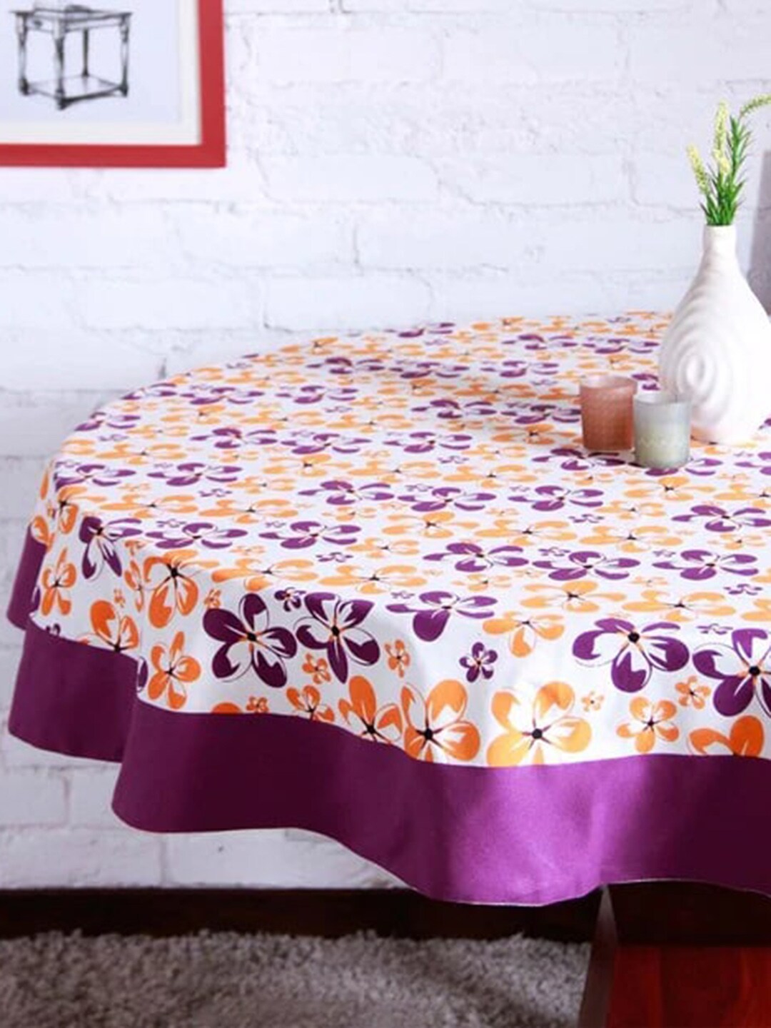 Lushomes Purple & Orange 6 Seater Printed Round Table Cloth Price in India