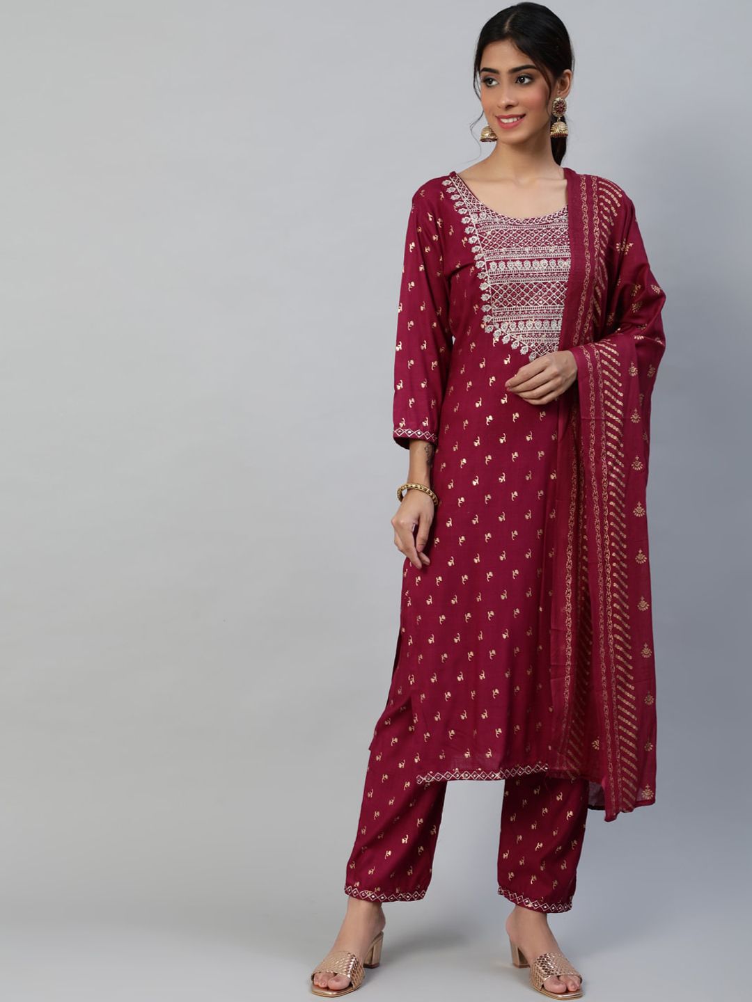 Anubhutee Women Maroon Embroidered Kurta with Palazzos & Dupatta Price in India