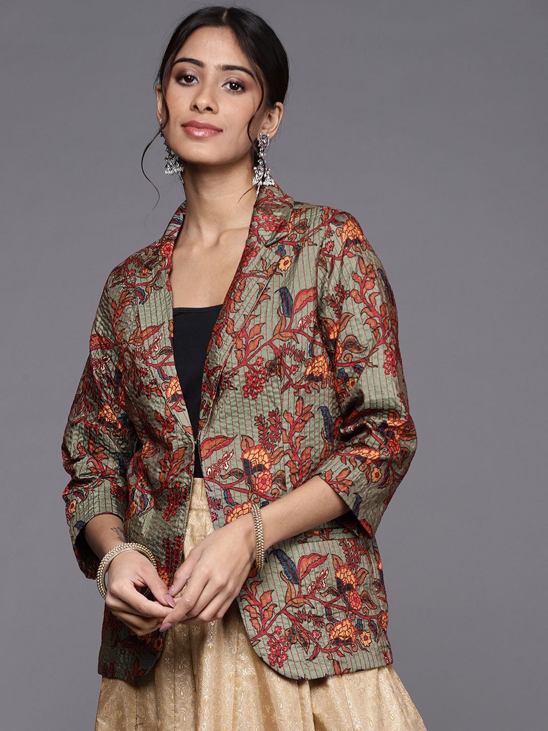 Biba Women Olive Green & Red Ethnic Printed Front-Open Blazer Price in India