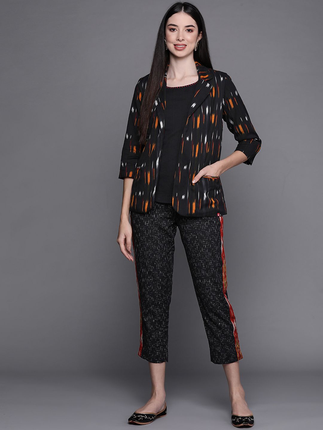 Biba Women Black & Orange Ikat Print Top with Trousers & Jacket Price in India