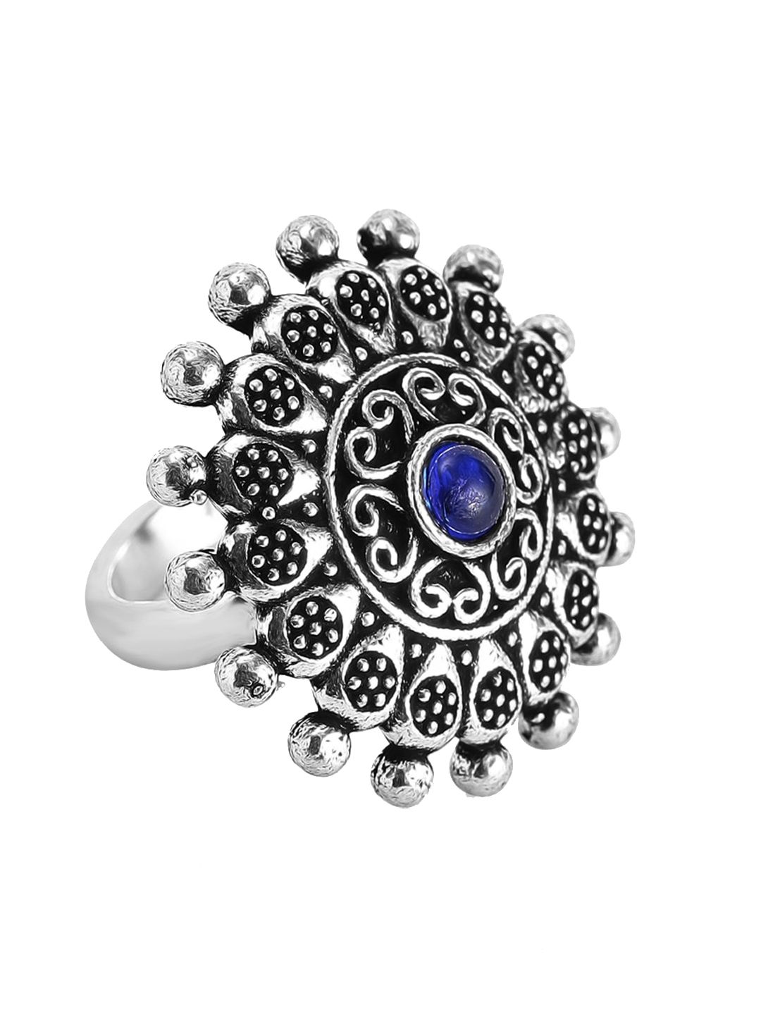 Anouk Oxidized Silver-Toned Blue Stone-Studded Adjustable Finger Ring Price in India