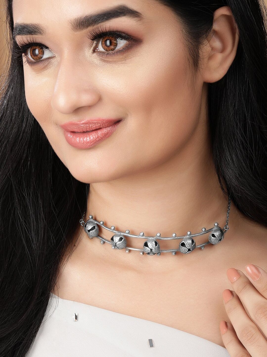 Rubans Women Silver-Toned Oxidized Choker Necklace Price in India