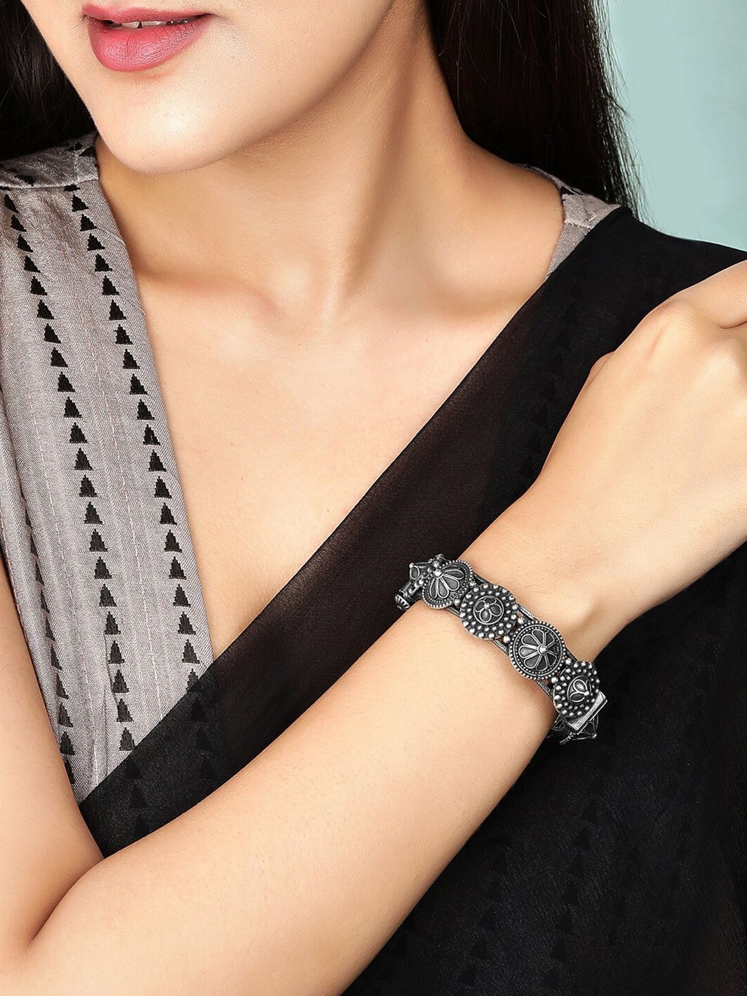 Rubans Women Silver-Toned Oxidised Bangle-Style Bracelet Price in India