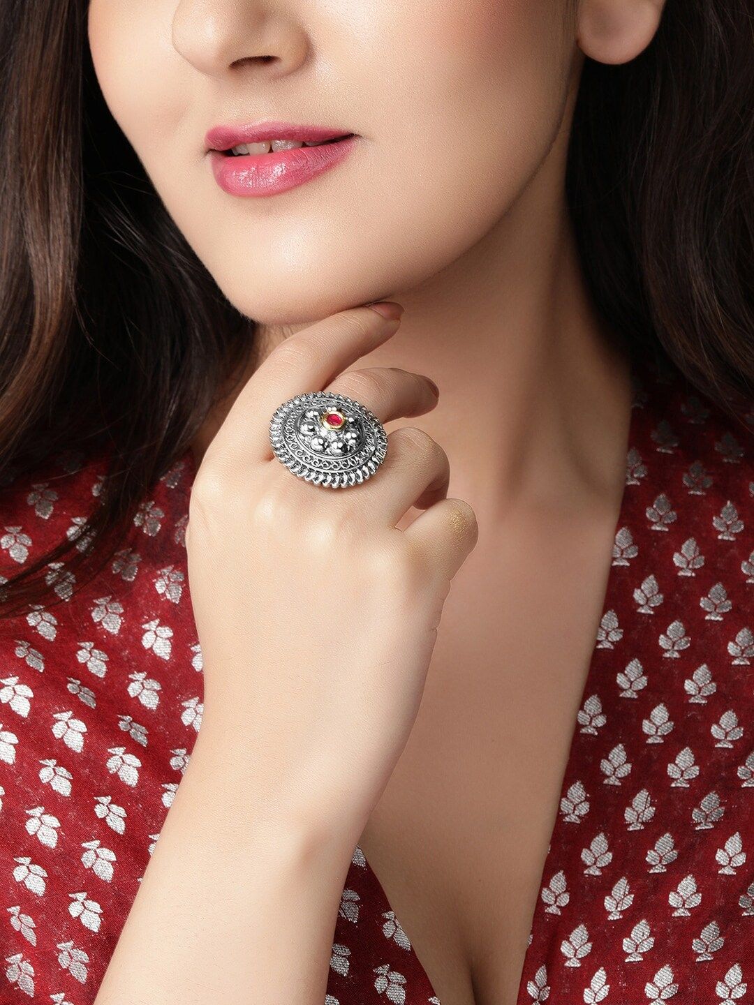 Rubans Oxidized Silver-Toned Red Stone-Studded Adjustable Finger Ring Price in India