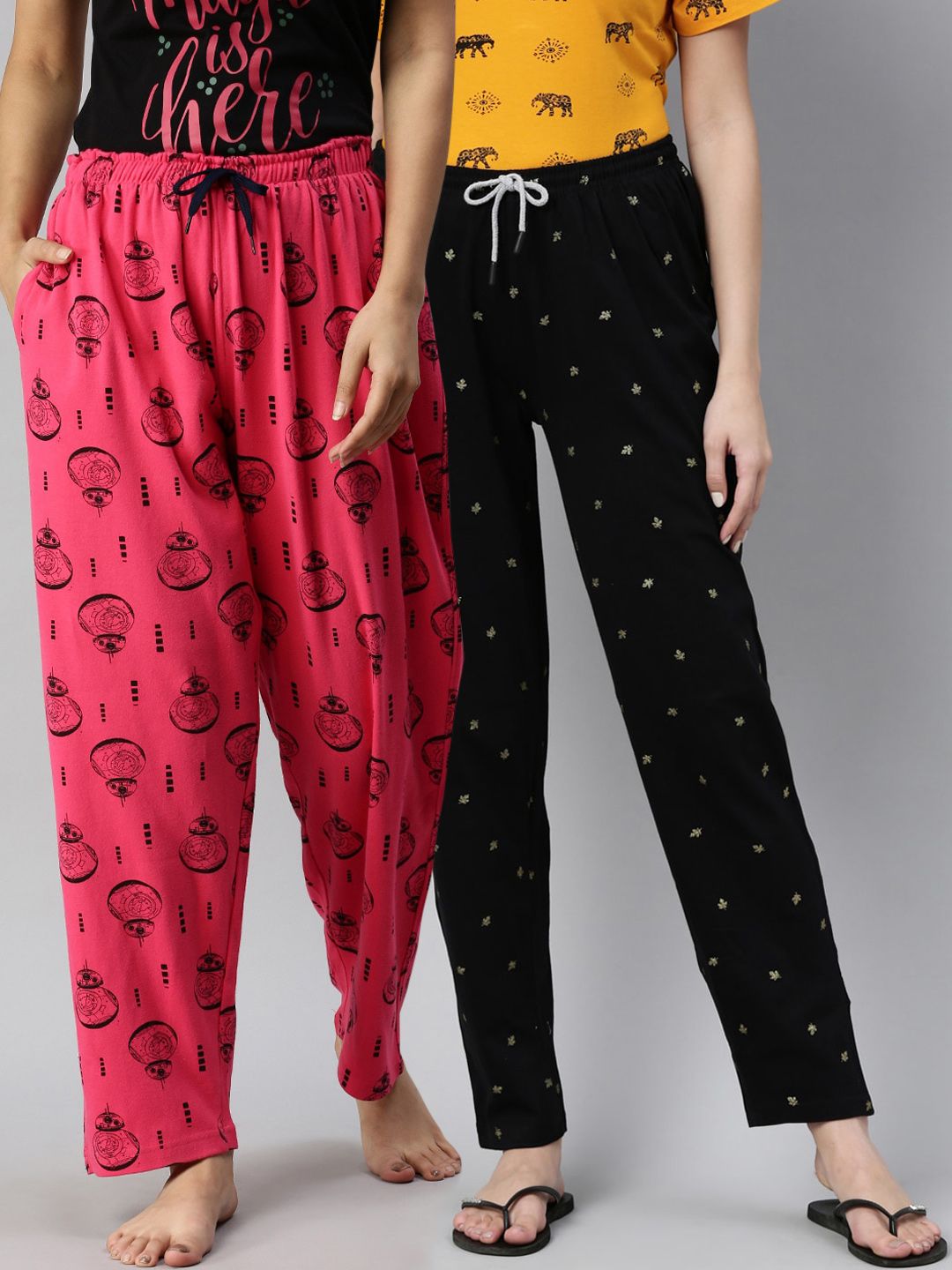 Kryptic Women Black & Pink 100% Cotton Full Length Lounge Pants - Pack of 2 Price in India
