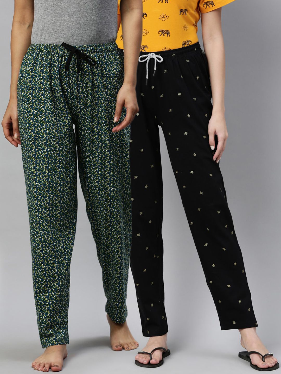 Kryptic Pack Of 2 Women Black & Green Cotton Printed Pyjamas Price in India
