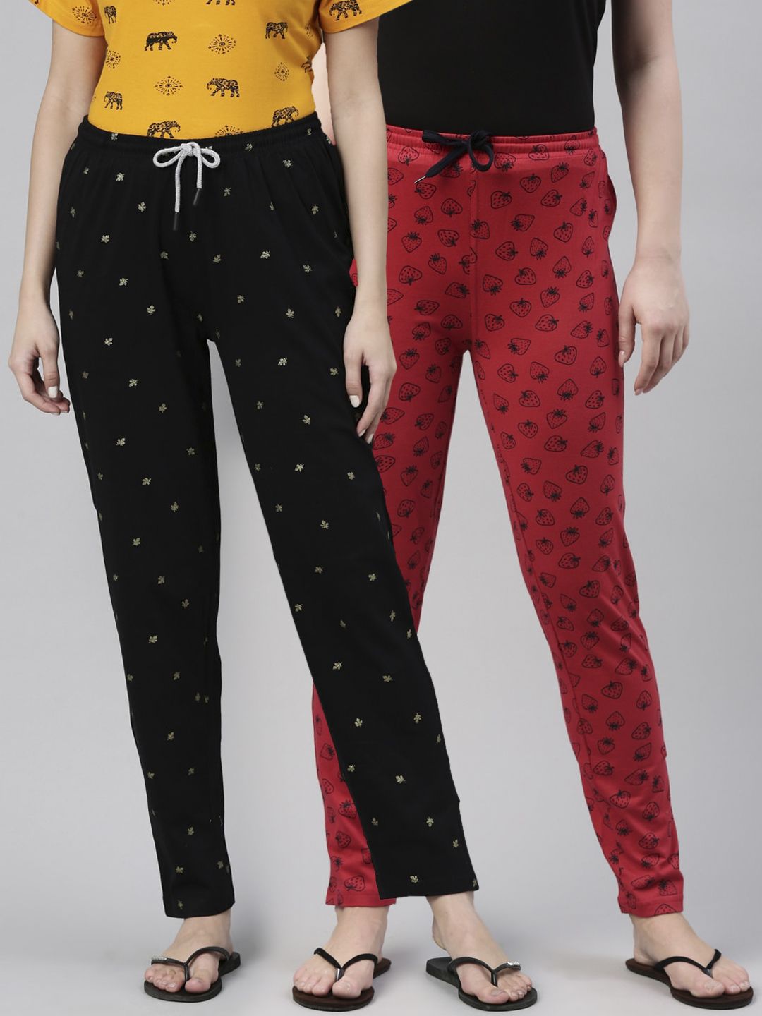 Kryptic Women Black & Red Pack of 2 Printed Pure Cotton Lounge Pants Price in India