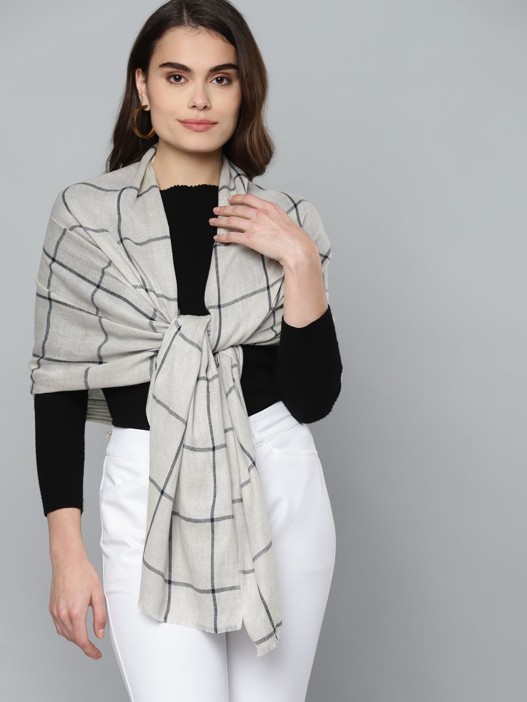 Femella Women White & Grey Checked Cotton Scarf Price in India